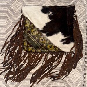 Fringe Cowhide Crossbody Bag with Patterned Panel